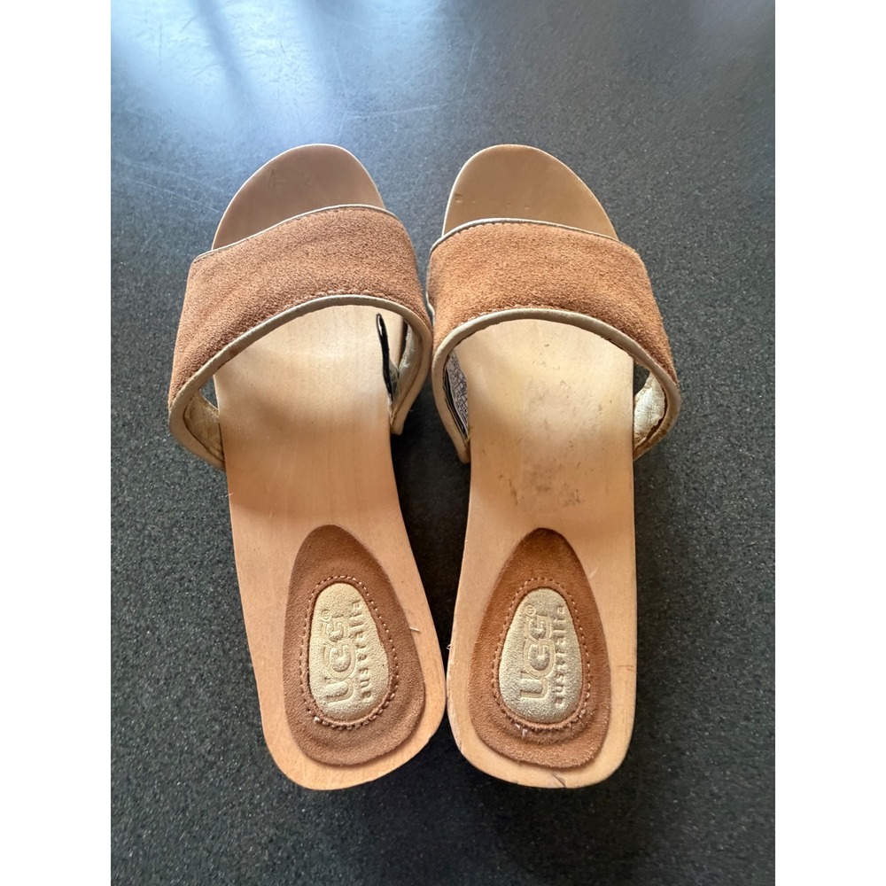 UGG Australia Kids Chestnut Brown Suede Wood Platform Slide Sandals Clogs Size 6